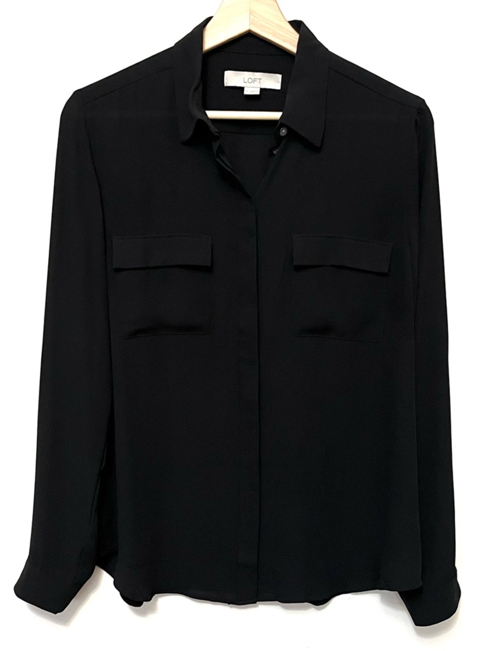 LOFT • S • Black Long Sleeve Button Up Blouse Pocket Front Roll Tab Sleeve
